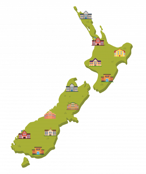 NZ map with schools pinned